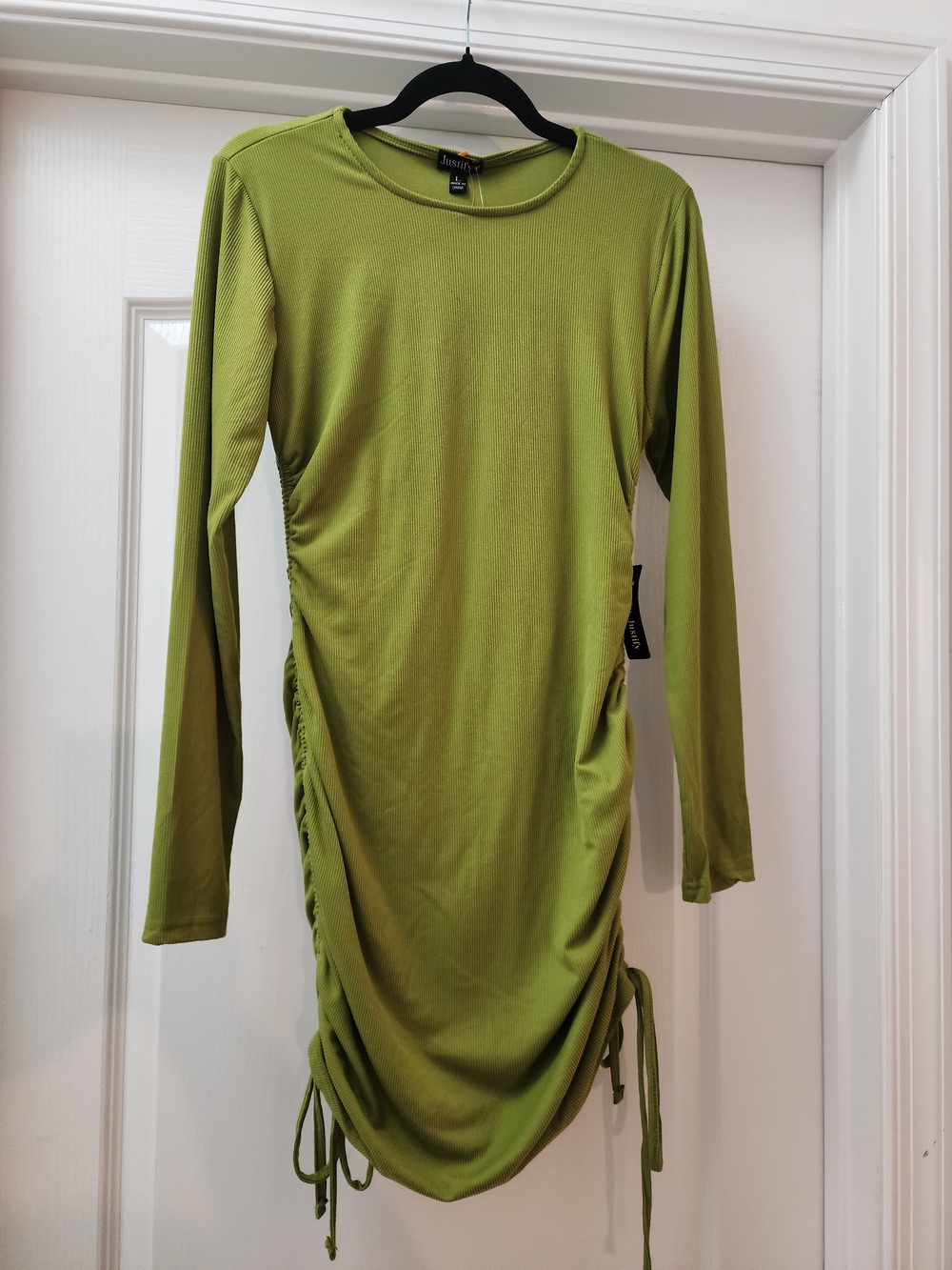 Long Sleeve Olive Green Side-Ruched Dress